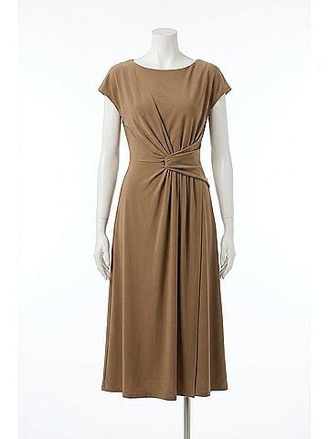 Joseph Ribkoff Ruched Wrap Front Midi A-Line Dress in Tiger's Eye (view 1)