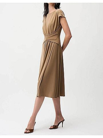 Joseph Ribkoff Ruched Wrap Front Midi A-Line Dress in Tiger's Eye (view 2)