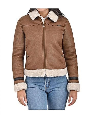 Wrangler Jeans Co Ladies Coat With Sheepskin On Collar And Cuffs in Capuccino (view 2)