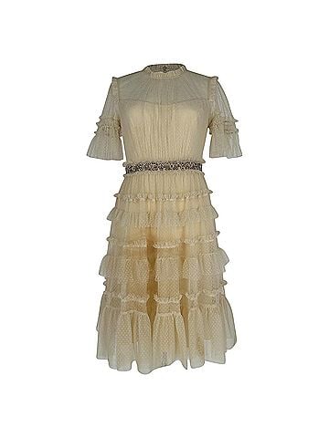 Needle & Thread Needle &amp; Thread Lace Tulle Midi Tiered Dress in Ivory Polyester (view 1)