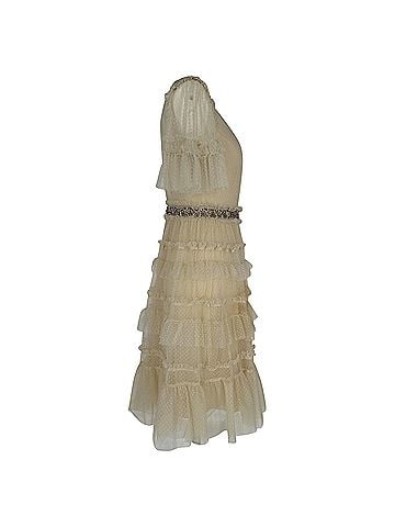 Needle & Thread Needle &amp; Thread Lace Tulle Midi Tiered Dress in Ivory Polyester (view 2)