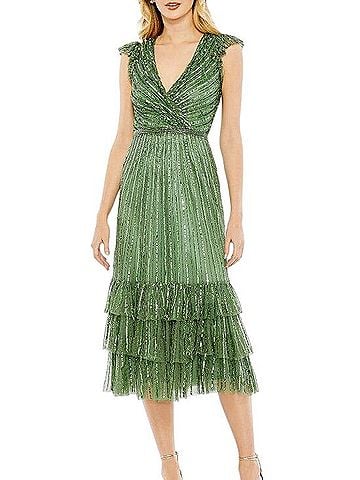 Mac Duggal Sequined Wrap Over Cap Sleeve Ruffle Hem Dress Cocktail Dress (view 1)