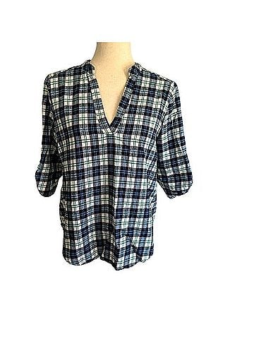Renee C. Plaid Flannel V-Neck Roll-Tab Sleeve Tunic Top 3/4 Sleeve Top (view 1)