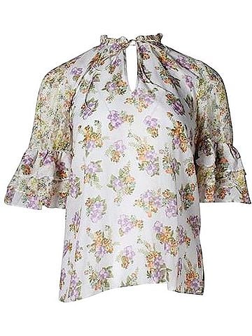 Alice + Olivia White Floral Keyhole Blouse Short Sleeve Silk Top (view 1)