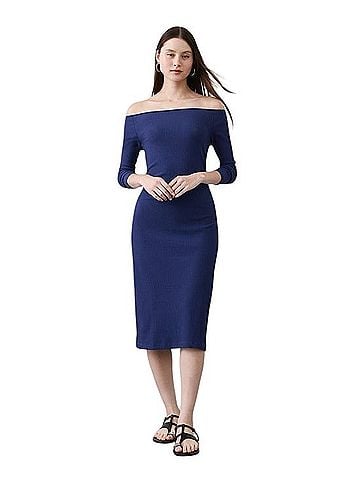 Banana Republic Factory Store Drizzle Blue Ribbed Off Shoulder Midi Dress Casual Dress (view 2)