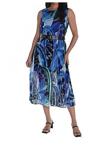 Frank Lyman Design Floral Pleated Chiffon Belted Midi Dress in Blue/Multi (view 2)
