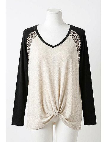 Umgee Leopard Knot Top in Oatmeal/Black (view 1)