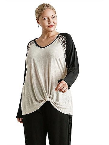 Umgee Leopard Knot Top in Oatmeal/Black (view 2)