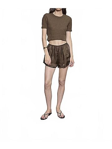Enza Costa Linen Open Knit Cropped Short Sleeve Sweater in Chocolate (view 2)
