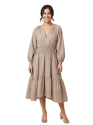 Calvin Klein Taupe Smocked-Waist Midi Dress Casual Dress (view 1)