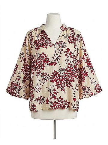 Umgee Cherry Blossom Print Scalloped Hem Blouse in Beige (view 1)