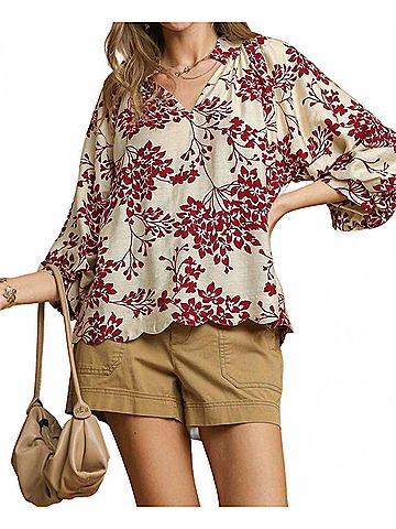 Umgee Cherry Blossom Print Scalloped Hem Blouse in Beige (view 2)