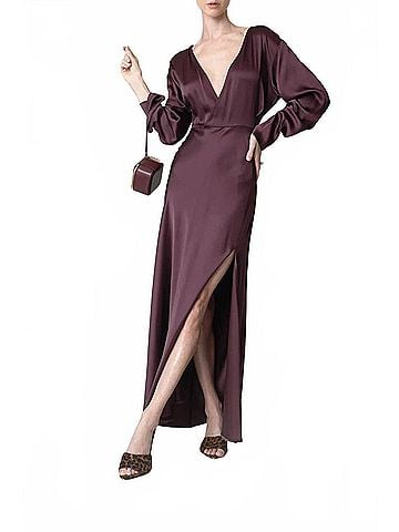 LAPOINTE Satin V-Neck Long Dress in Mulberry (view 2)