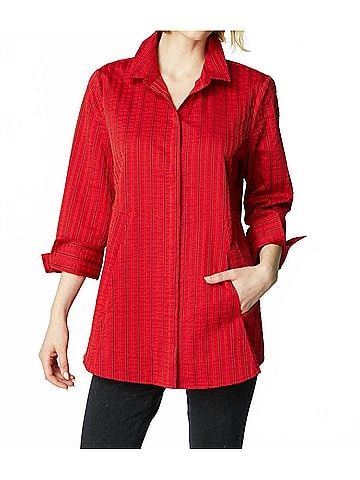 Habitat East Side Stripes Hidden Placket Shirt in Ruby (view 2)