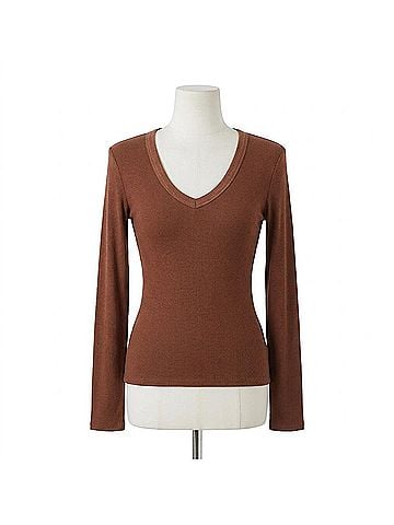 Enza Costa Silk Rib Long Sleeves U-Neck Top in Nutshell (view 1)