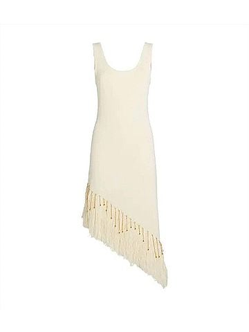 Rabanne Linen Asymmetric Fringe Dress in Natural White (view 1)