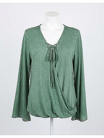 Umgee Drawstring Neckline Bell Sleeve Top in Sage (view 1)