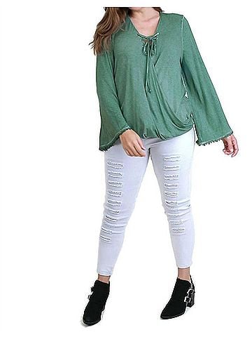 Umgee Drawstring Neckline Bell Sleeve Top in Sage (view 2)