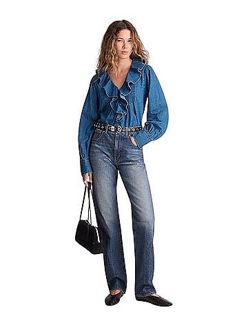 Madewell Ruffle Denim Pintuck Blouse Long Sleeve T-Shirt (view 1)
