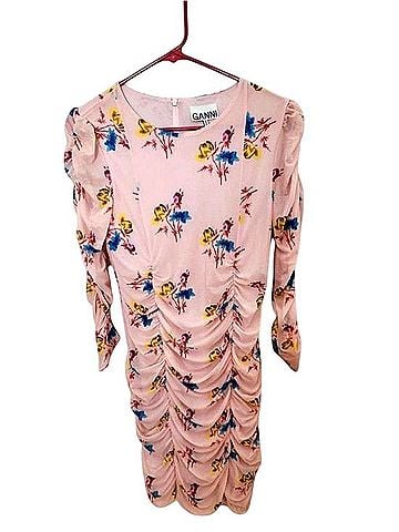 Ganni printed stretch-mesh long-sleeve ruched mini dress Cocktail Dress (view 2)