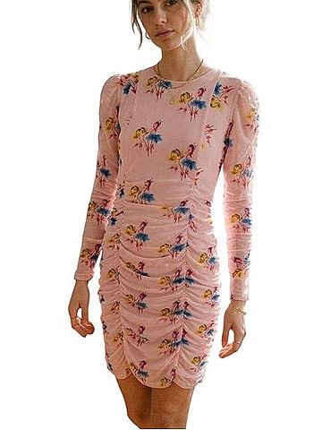 Ganni printed stretch-mesh long-sleeve ruched mini dress Cocktail Dress (view 1)
