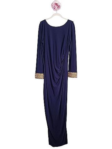 Marina Dark Navy Ruched Embellished Cuff Long Sleeve Gown Cocktail Dress (view 2)