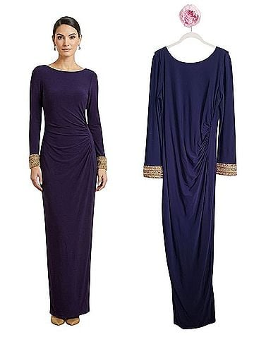 Marina Dark Navy Ruched Embellished Cuff Long Sleeve Gown Cocktail Dress (view 1)