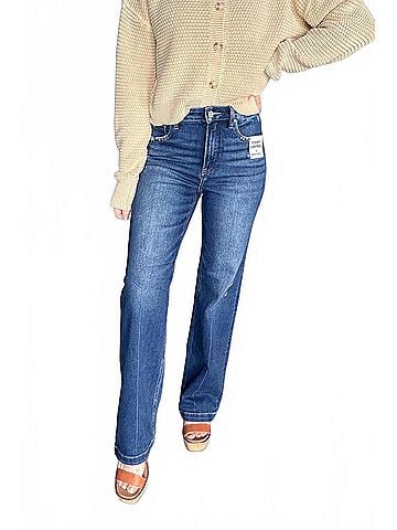 Risen High Rise Tummy Control Straight Leg Jeans in Dark Wash (view 2)