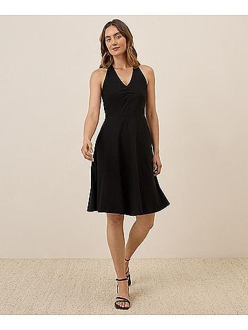 Pact Black Fit and Flare Gathered Halter Dress (view 2)