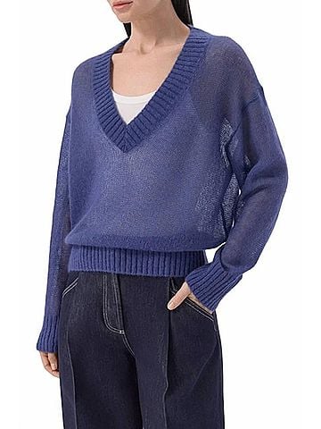 Brunello Cucinelli Ribbed V-Neck Sweater in Blue (view 2)