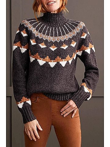 Tribal Long Sleeve Mock Neck Intarsia Sweater in Walnut (view 2)