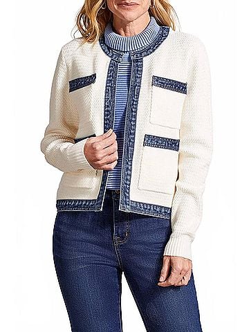 Tribal Fancy Sweater And Denim Jacket With Pockets in Eggshell (view 2)
