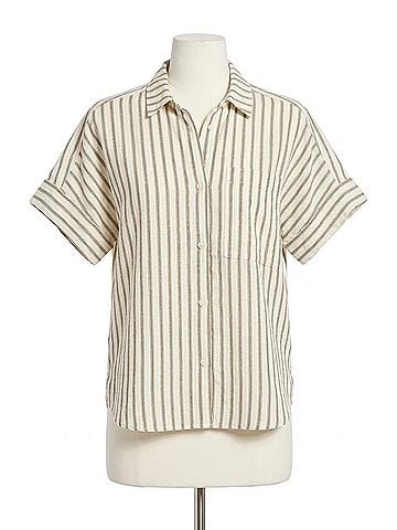 Lyssé Adley Linen Boxy Shirt in Olive Grove Stripe (view 1)