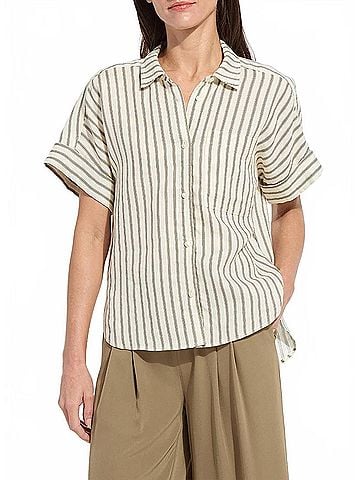 Lyssé Adley Linen Boxy Shirt in Olive Grove Stripe (view 2)