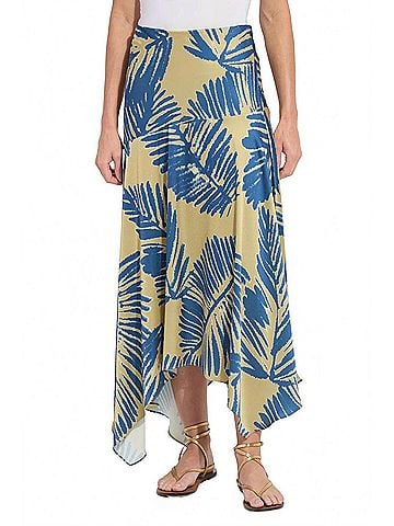 Lyssé Catriona Leaf Print Handkerchief Hem Hammered Satin Skirt in Sicilian Palm (view 2)