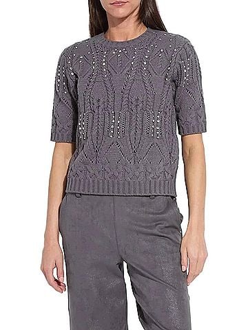 Lyssé Women's Hadley Crystal Embellished Short Sleeve Sweater in Grey Melange (view 2)