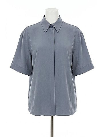 Brunello Cucinelli Short Sleeved Button Down Silk Shirt in Dusty Blue (view 1)
