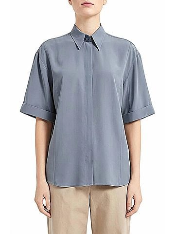Brunello Cucinelli Short Sleeved Button Down Silk Shirt in Dusty Blue (view 2)