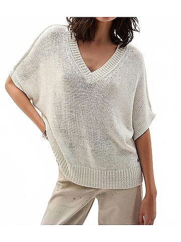 Joseph Ribkoff Viscose And Lurex Sweater Knit Relaxed Top in Vanilla (view 2)