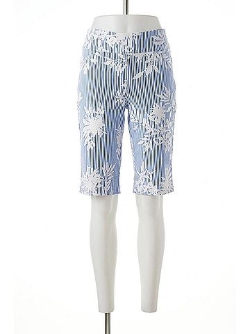 Joseph Ribkoff Printed High Waist Pull On Bermuda Shorts in Vanilla/Blue (view 1)