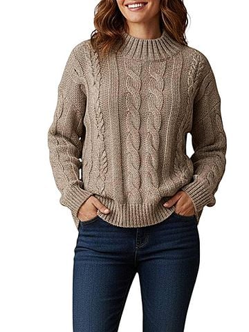 Fifteen Twenty Mockneck Cable Sweater in Dark Oatmeal (view 2)