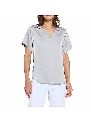 Lyssé Women's Sonja V Neck Mix Media Top in Pearl Grey (view 2)