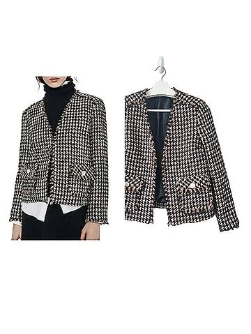 Zara Houndstooth Wool Blend Boxy Tweed Jacket Blazer (view 2)