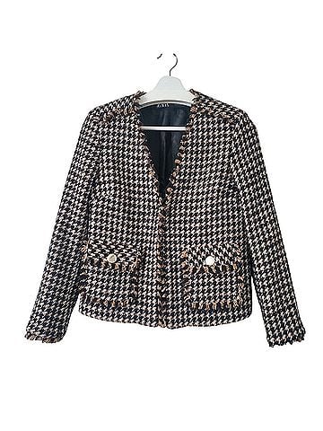 Zara Houndstooth Wool Blend Boxy Tweed Jacket Blazer (view 1)
