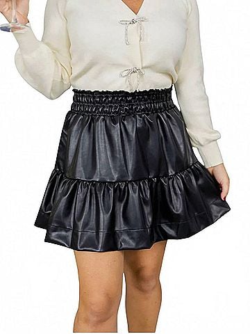 THML Tiered Leather Mini Skirt in Black (view 2)