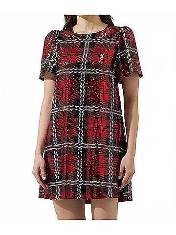 Sugarlips Fedra Sequin Plaid Mini Dress in Red (view 2)
