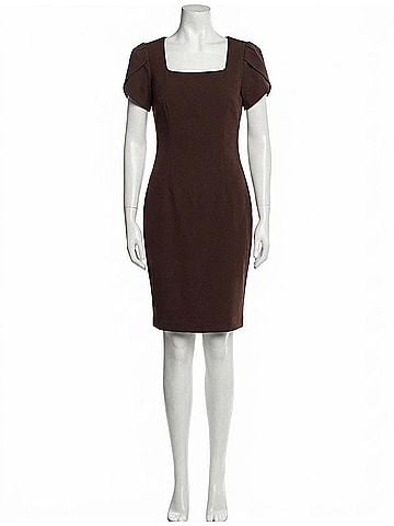 Connected Apparel Square-Neck Sheath Midi Dress With Tulip Sleeves in Chocolate Gold (view 1)