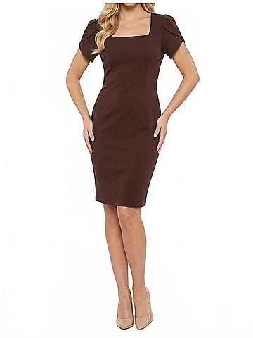 Connected Apparel Square-Neck Sheath Midi Dress With Tulip Sleeves in Chocolate Gold (view 2)