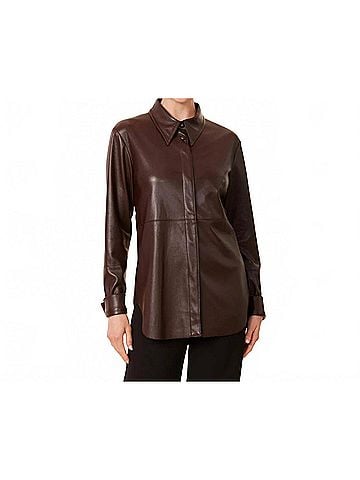 Dolce Cabo Faux Leather Metallic Tailored Shirt in Coffee (view 2)