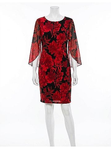 Connected Apparel Floral Sheath Mini Dress in Red (view 1)